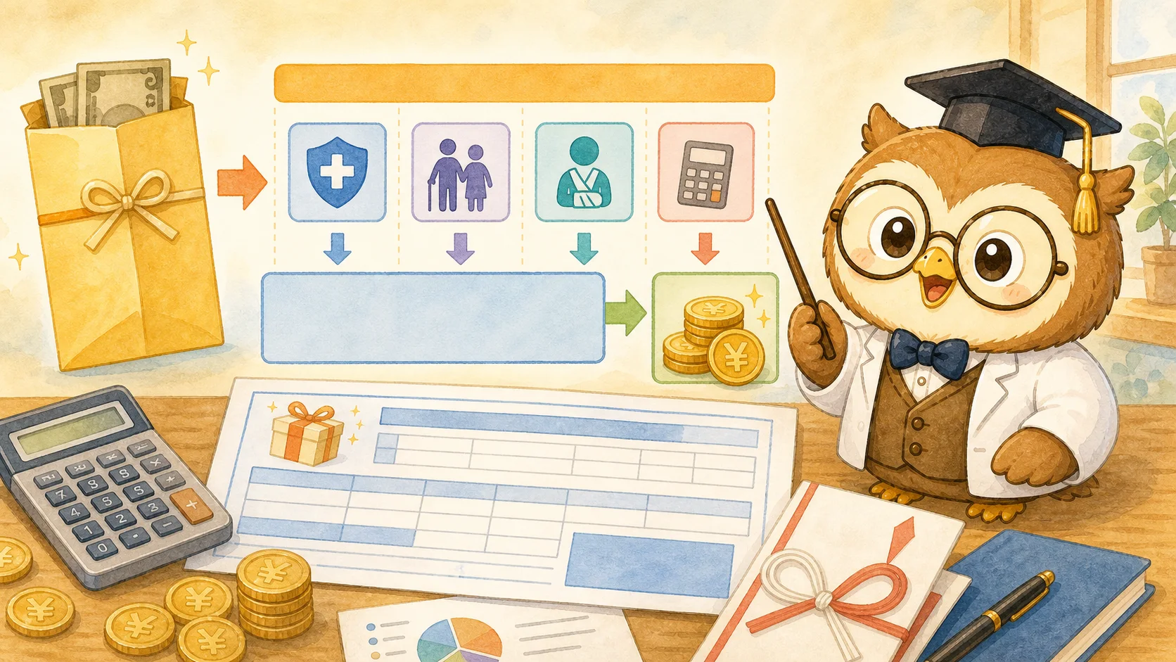 ボーナスの手取り計算についてハカセが給与明細と計算機を使って解説するイラスト