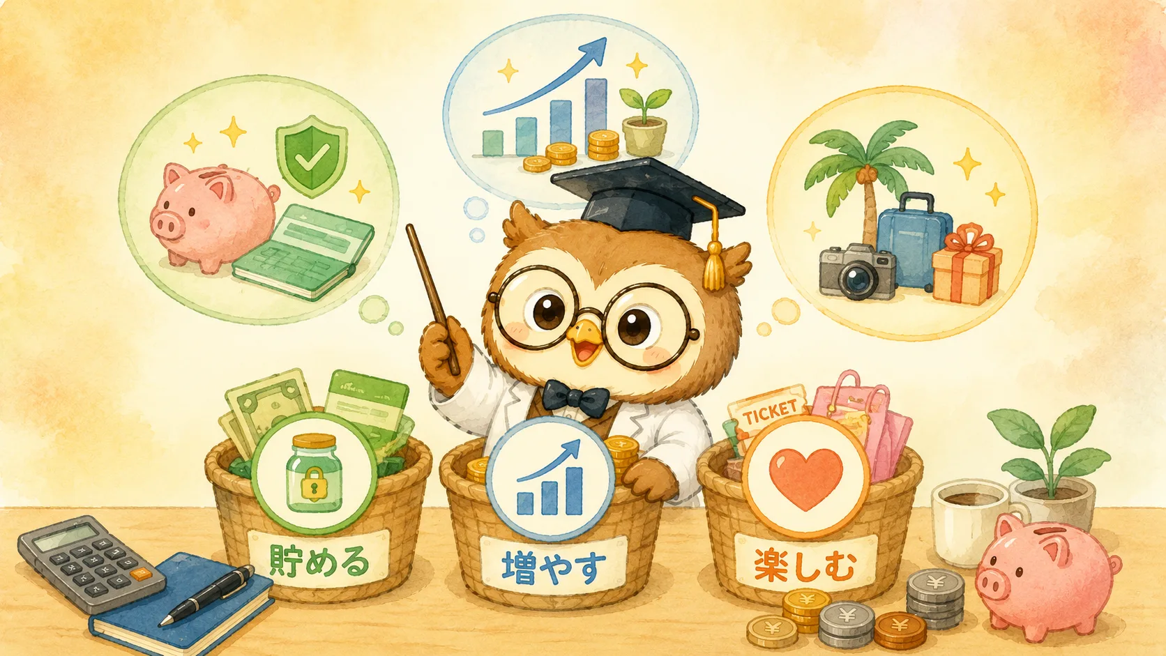 ボーナスを「貯める・増やす・楽しむ」の3つのカゴに分けるハカセのイラスト