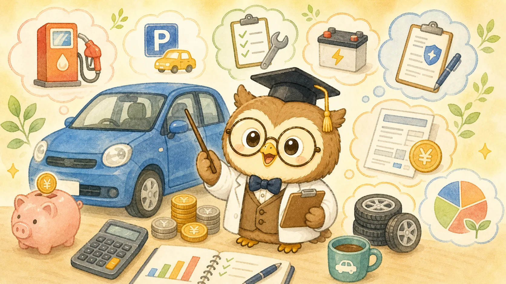 車の維持費をハカセが解説するイラスト