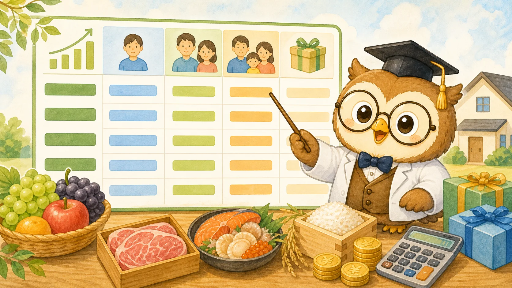 ふるさと納税の上限額早見表についてハカセが解説するイラスト