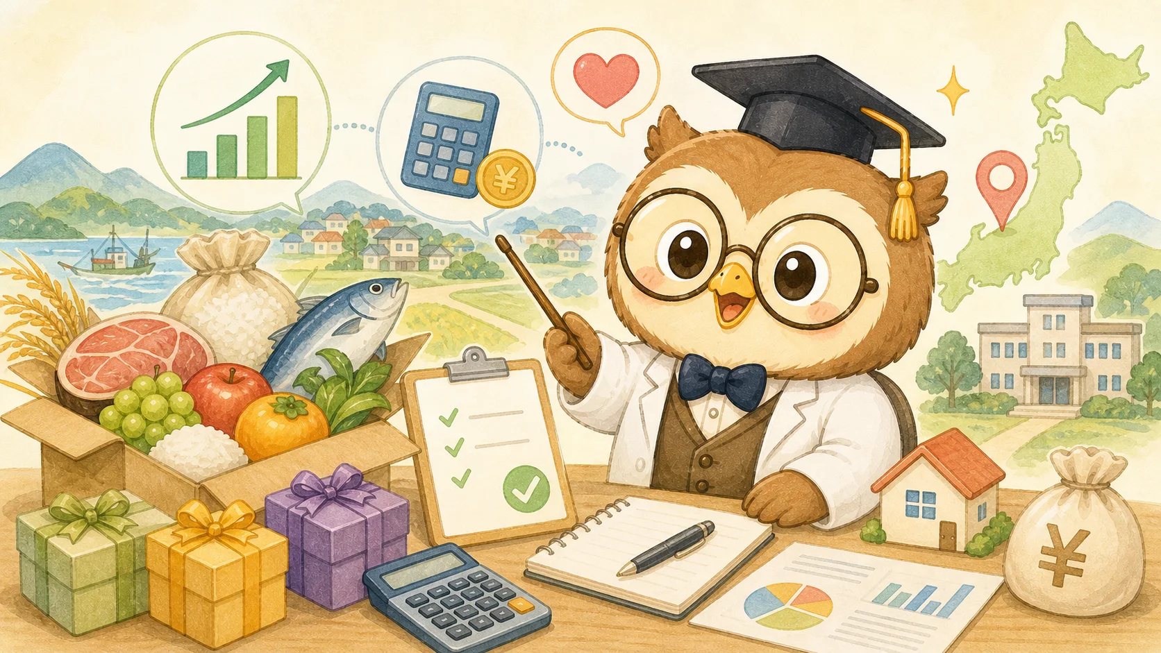 ふるさと納税をハカセが解説するイラスト