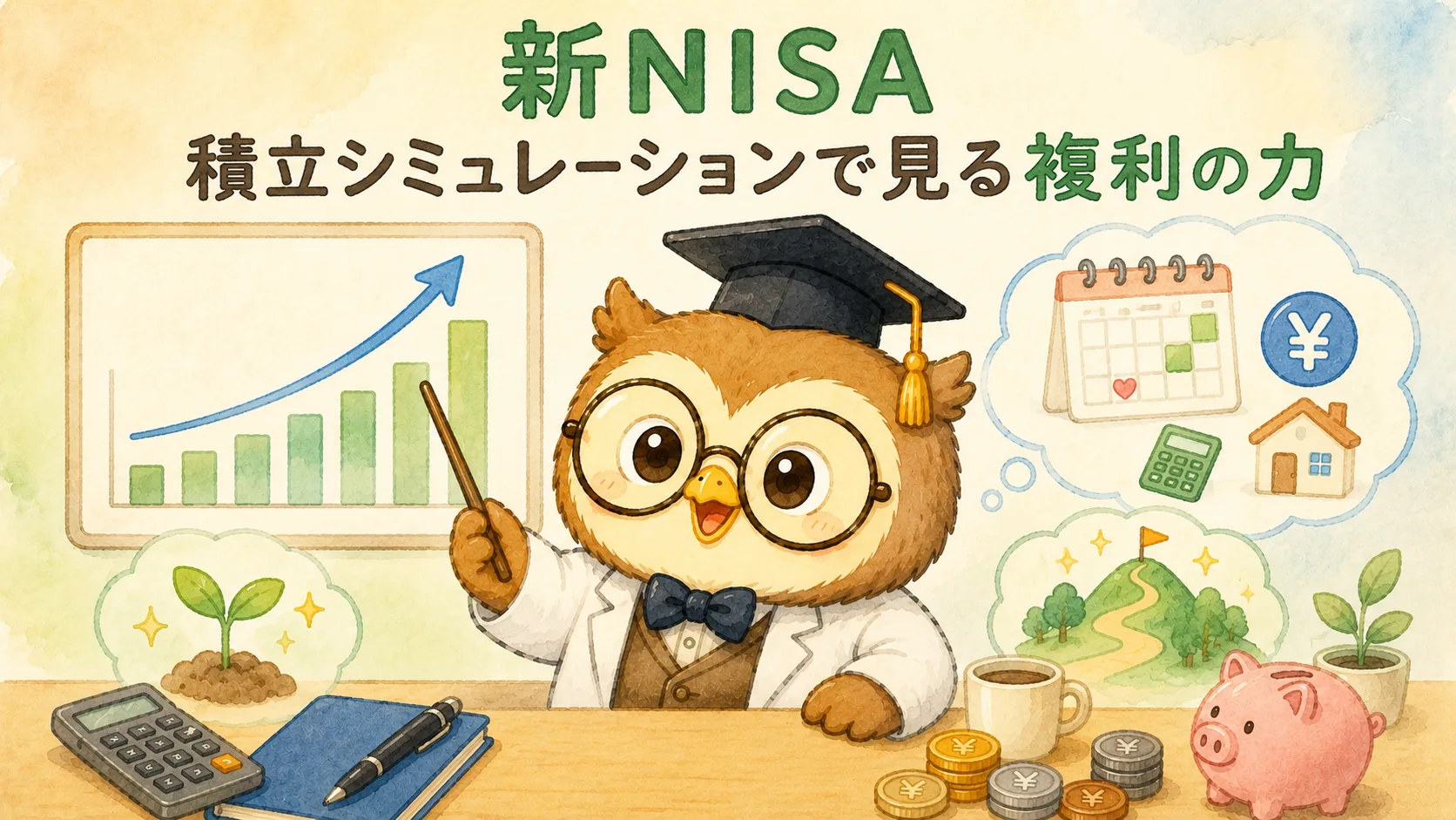 新NISAの積立シミュレーションをハカセが将来額のグラフで解説するイラスト