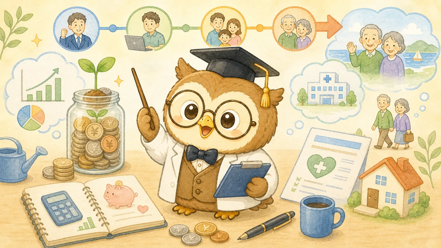 老後資金の考え方をハカセが解説するイラスト
