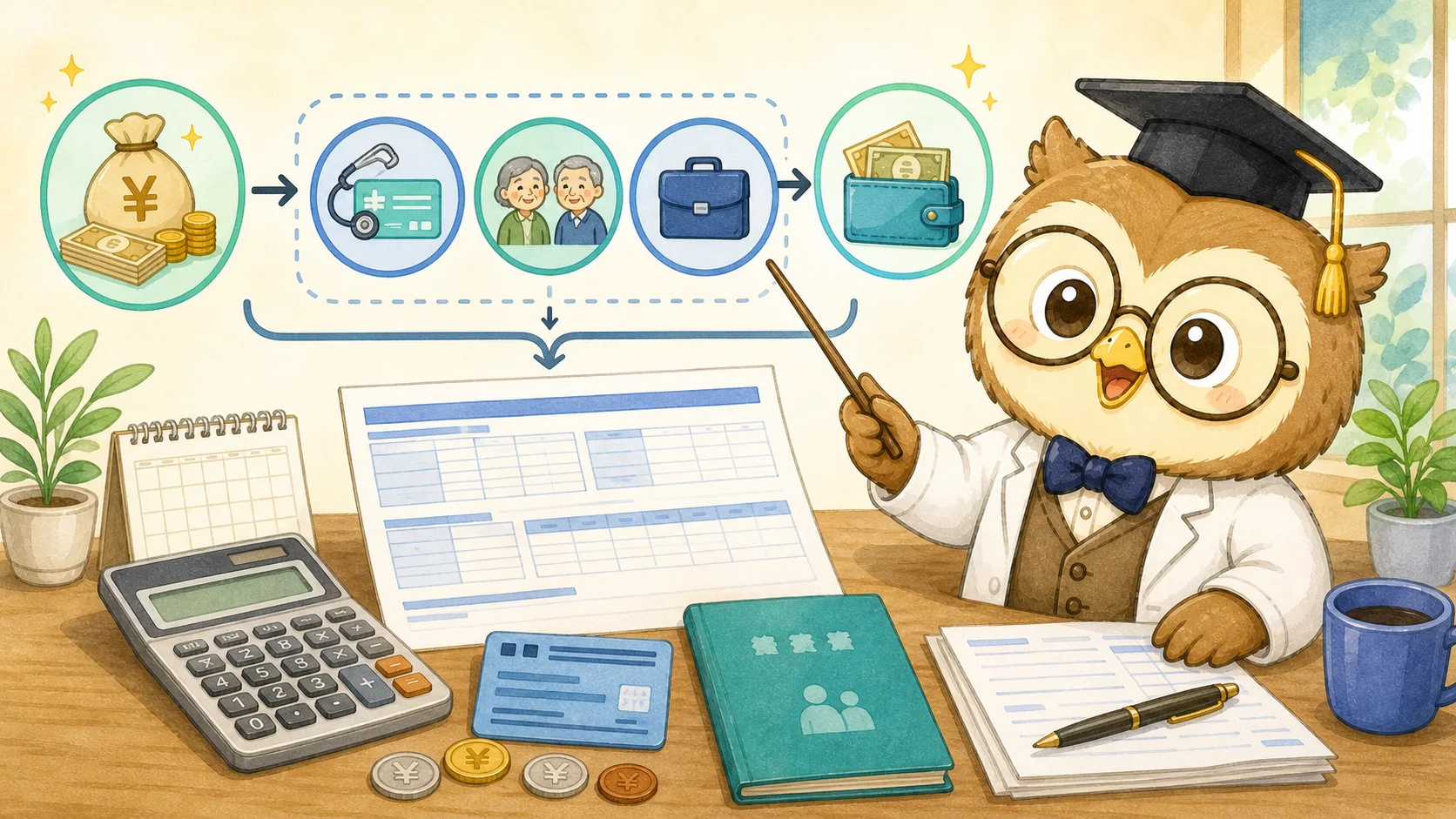 社会保険料の仕組みをハカセが解説するイラスト