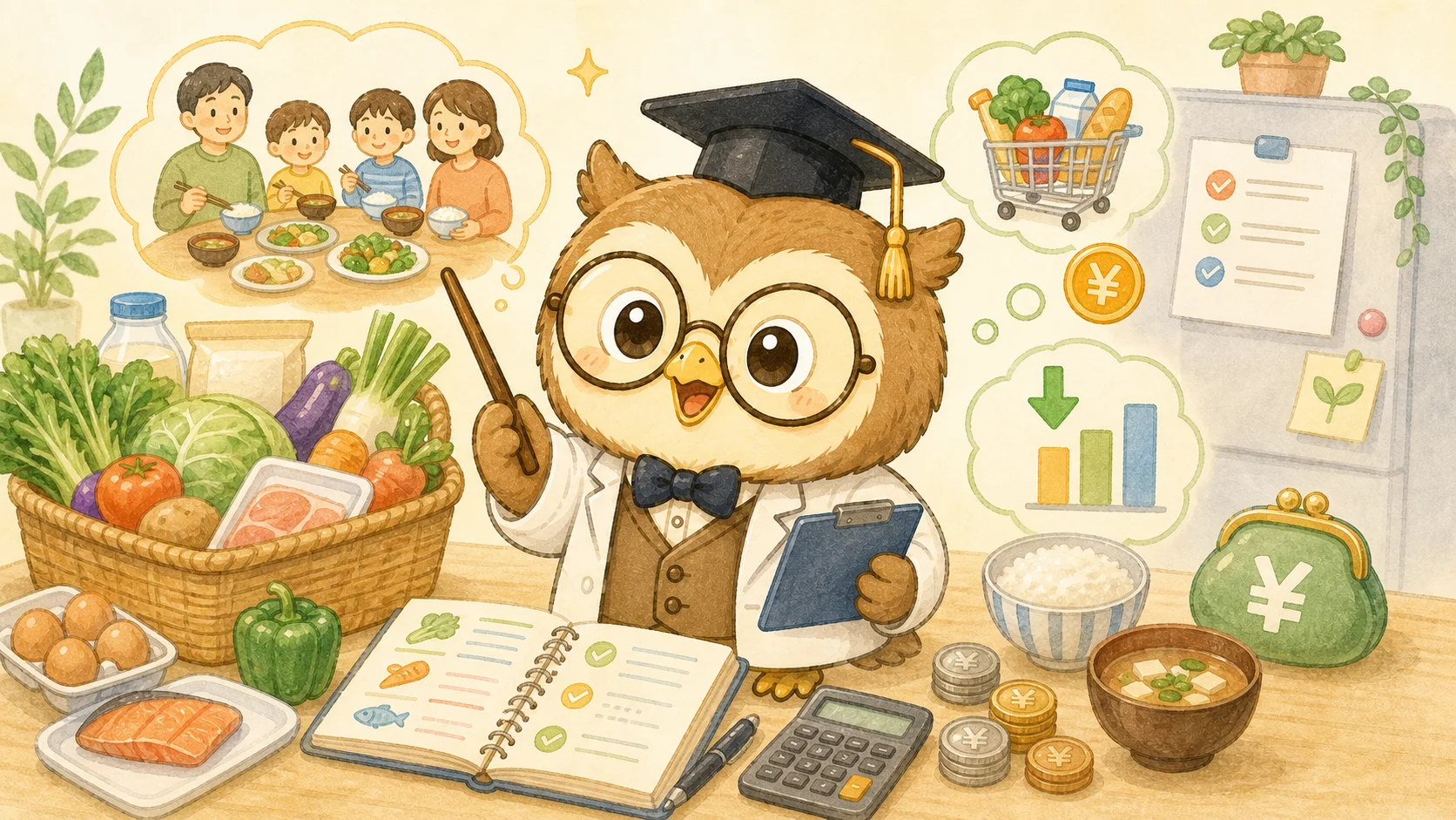 食費の目安と節約方法をハカセが解説するイラスト