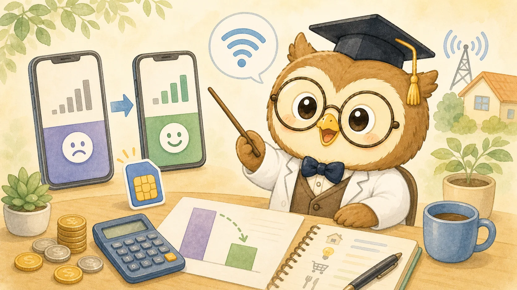 格安SIMの節約額をハカセが解説するイラスト