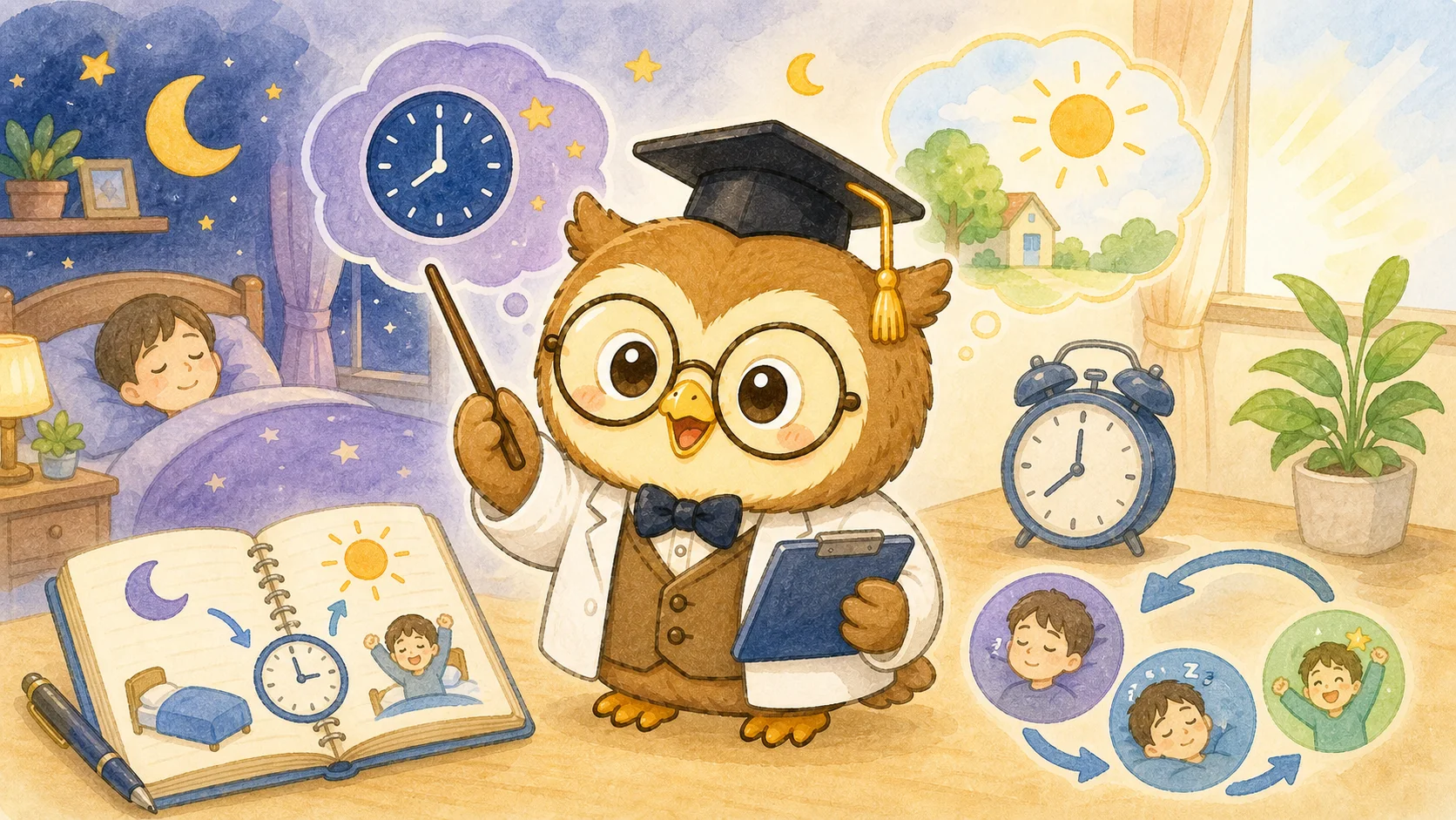 睡眠時間の整え方をハカセが解説するイラスト
