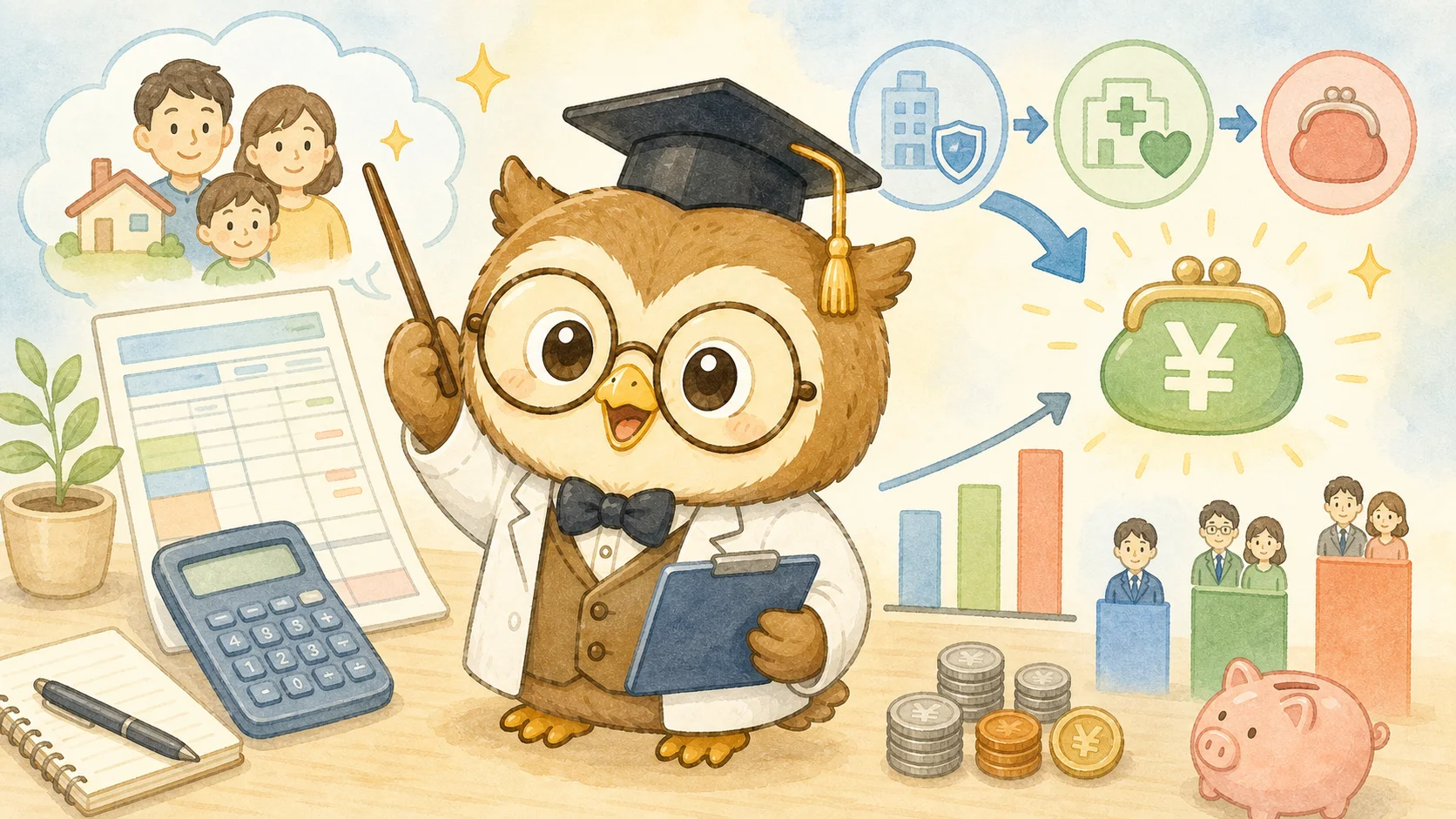 年収別の手取り早見表をハカセが解説するイラスト